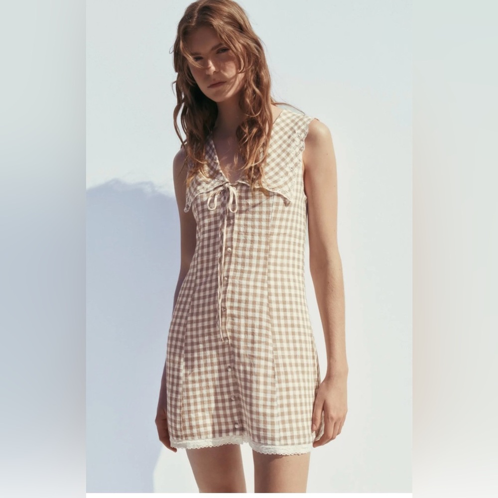 ZARA Tan Gingham Lace Lined Sleeveless Dress Size Small Prairie Country Cottage